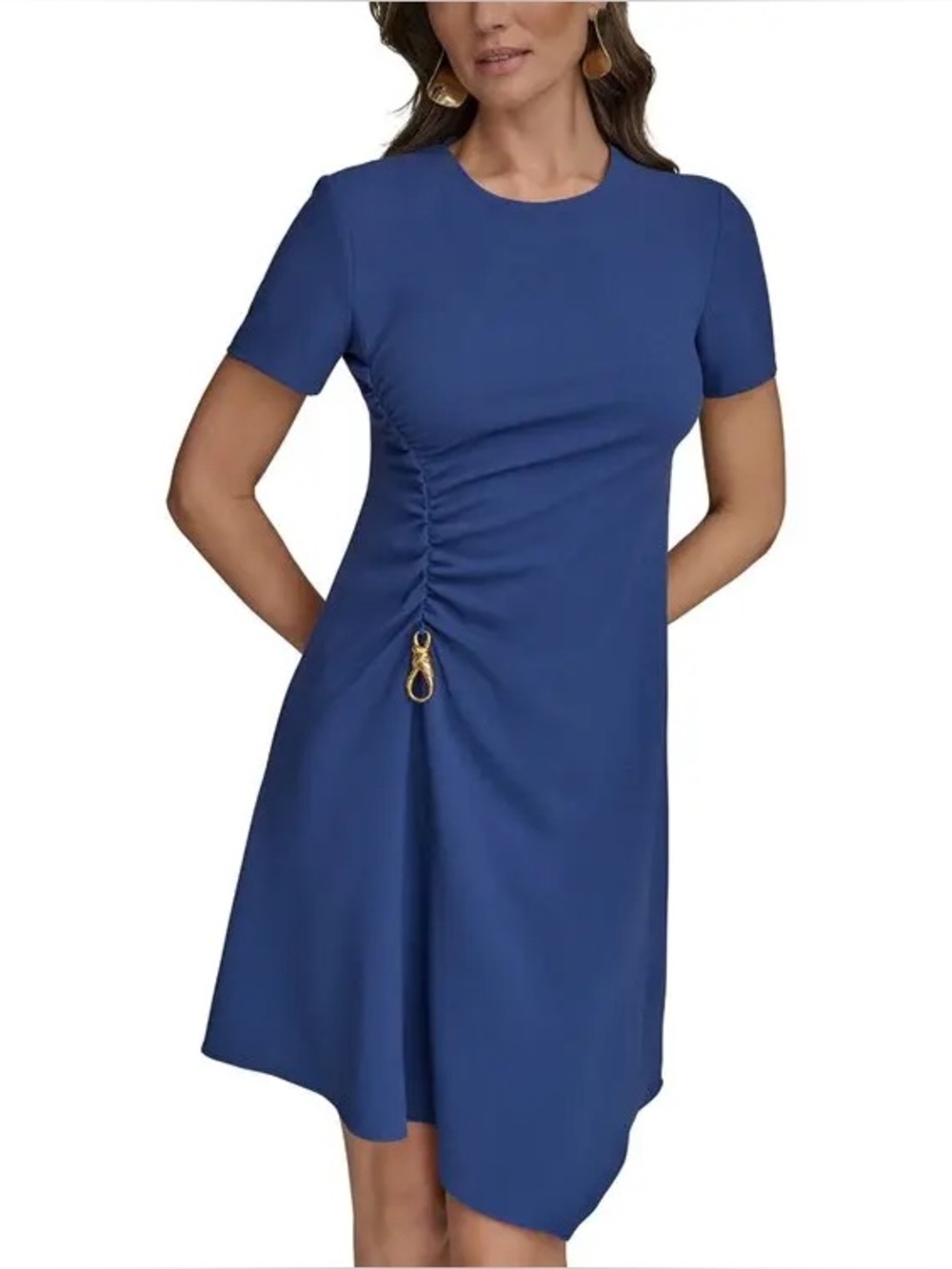 Donna Karan New York Side-Ruched Gold Hardware-Trim Dress in Blue, Size 4, NWT